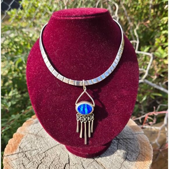 Alpaca Silver & Lab Opal Pendant & Torque Necklace from Mexico - Picture 1 of 10